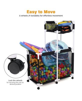 Extra Large Mesh Pool Storage Bin Noodles Holder Toys Organizer,Rolling 6 Wheels,Double Decker Cart