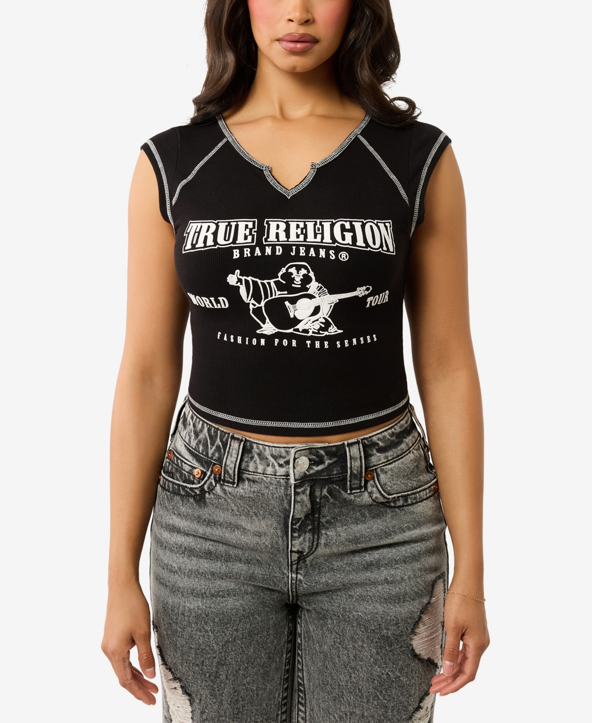 TRUE RELIGION WOMEN'S LOGO RIB NOTCHED BABY T-SHIRT 