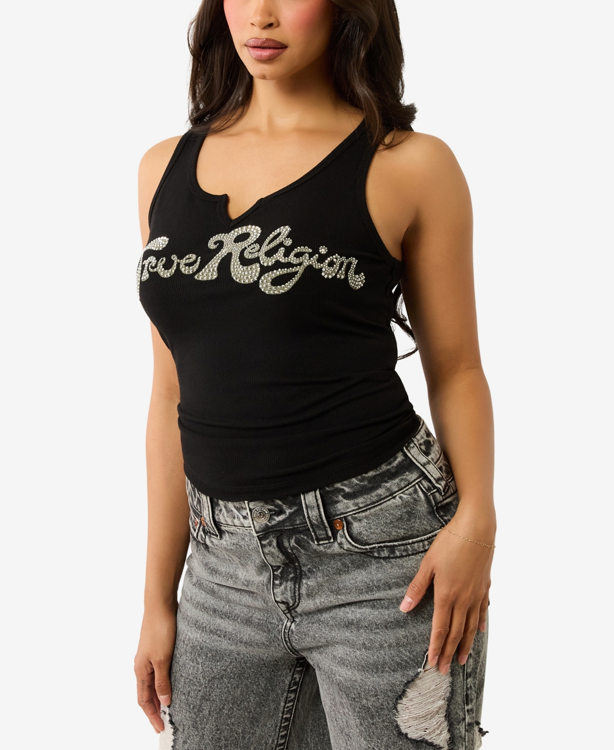 TRUE RELIGION WOMEN'S CRYSTAL LOGO V NOTCH TANK 