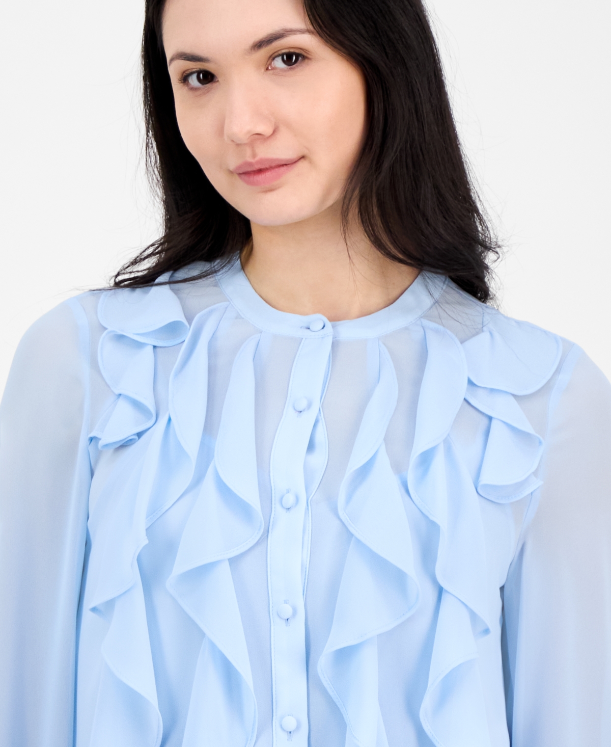 Anne Klein Ruffle Front Chiffon Blouse In Opal Blue