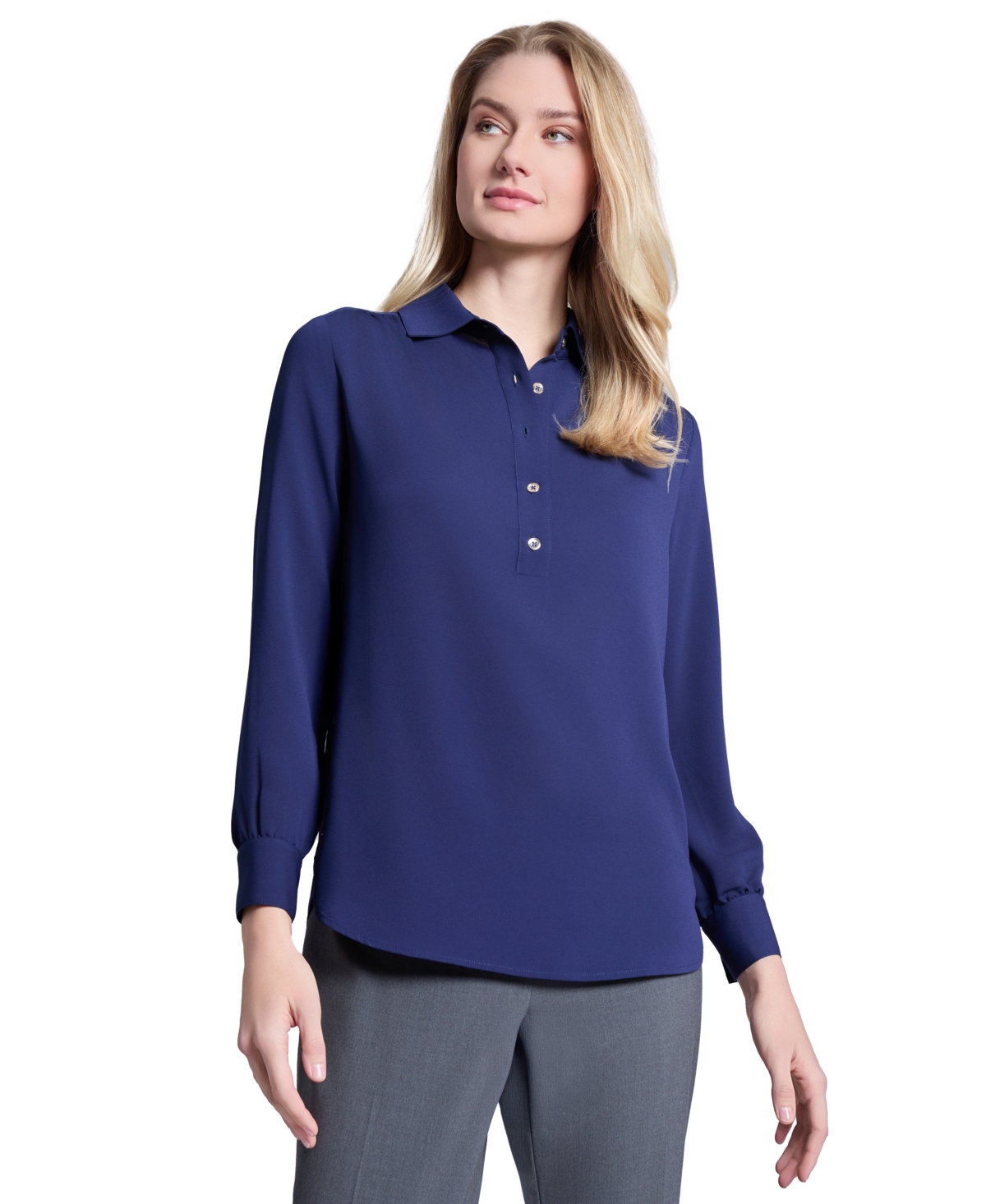 Jones New York Long Sleeve Shirttail Side Button Popover Tunic In Pacific Navy
