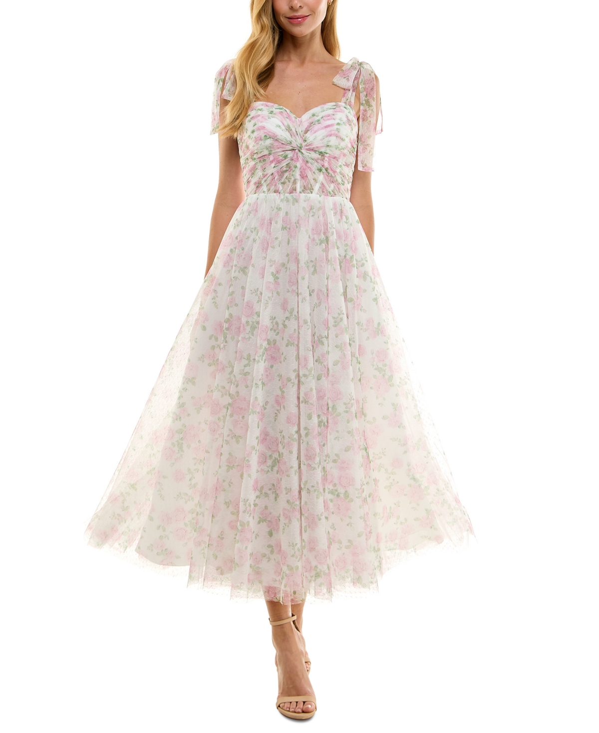 Juniors' Twist-Front Shoulder-Tie Midi Dress - Ivory/blush