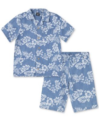 Hurley - Little Boys Chambray Printed Camp Shirt & Shorts Set