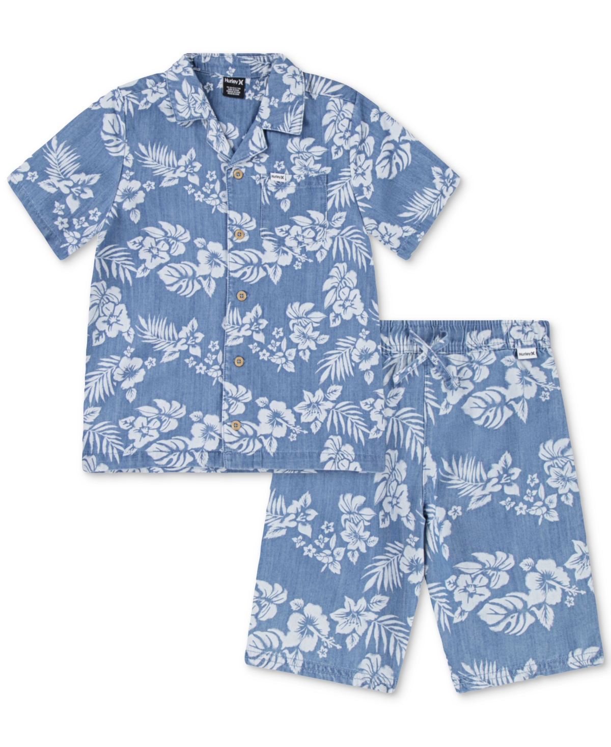 Hurley Little Boys Chambray Printed Camp Shirt & Shorts Set In Lt Chambray White