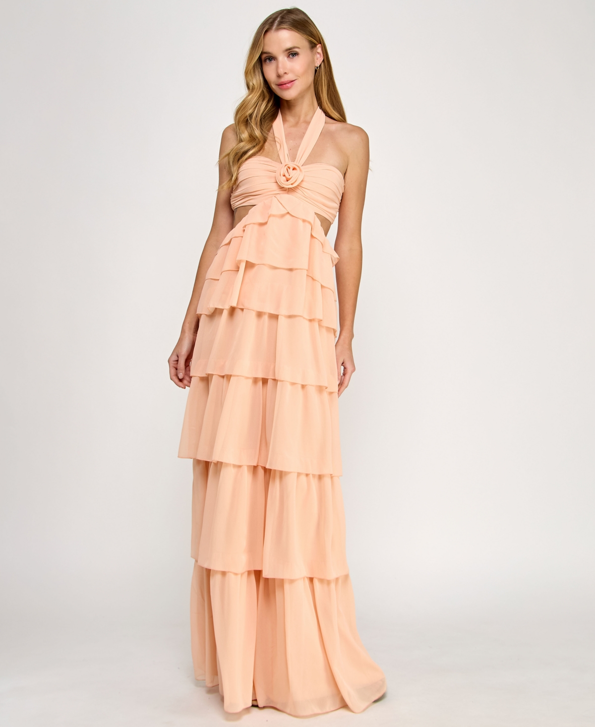 Juniors' Chiffon Cutout Ruffle Gown - Peach
