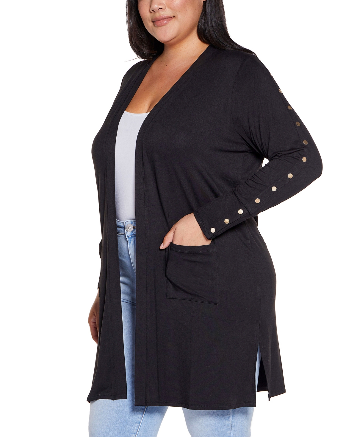 BELLDINI PLUS SIZE BLACK LABEL EMBELLISHED SLEEVE KNIT OPEN CARDIGAN SWEATER 