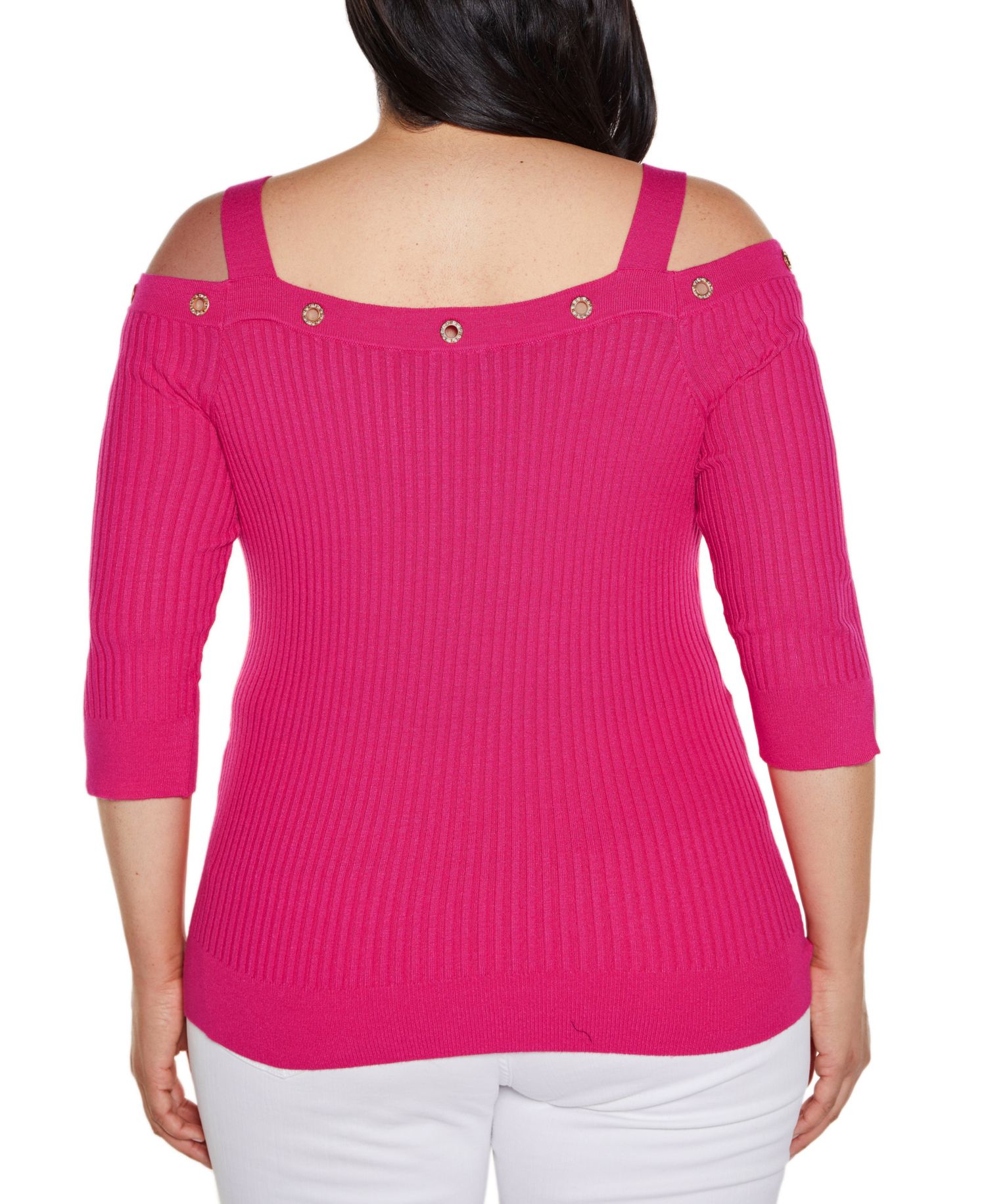 Plus Size Black Label Rhinestone Grommet Cold-Shoulder Sweater