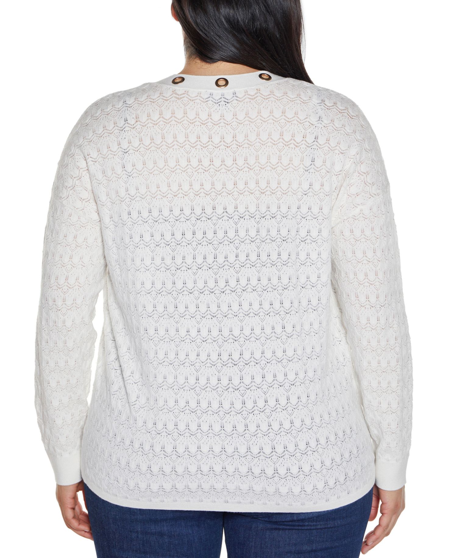 Plus Size Black Label Pointelle and Grommet Open Cardigan Sweater