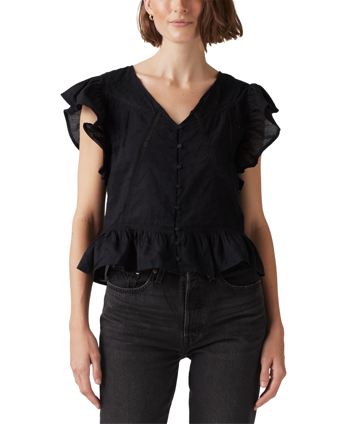 Levi's Women's Aniston Cotton Ruffled Flutter-sleeve Blouse In Anthracite Night