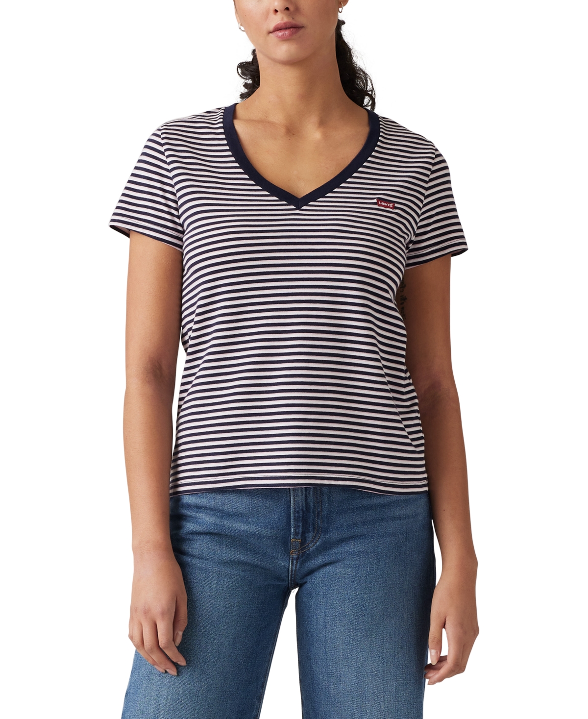 売れ筋商品|||リーバイス Tシャツ トップス レディース Women's Perfect Cotton V-Neck Short-Sleeve T-Shirt Indigo Stripe Navy Blazer Levi's Women's Perfect Cotton V-Neck Short-Sleeve T-Shirt