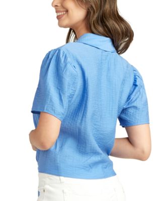 Juniors' Textured Puff-Sleeve Tie-Front Shirt