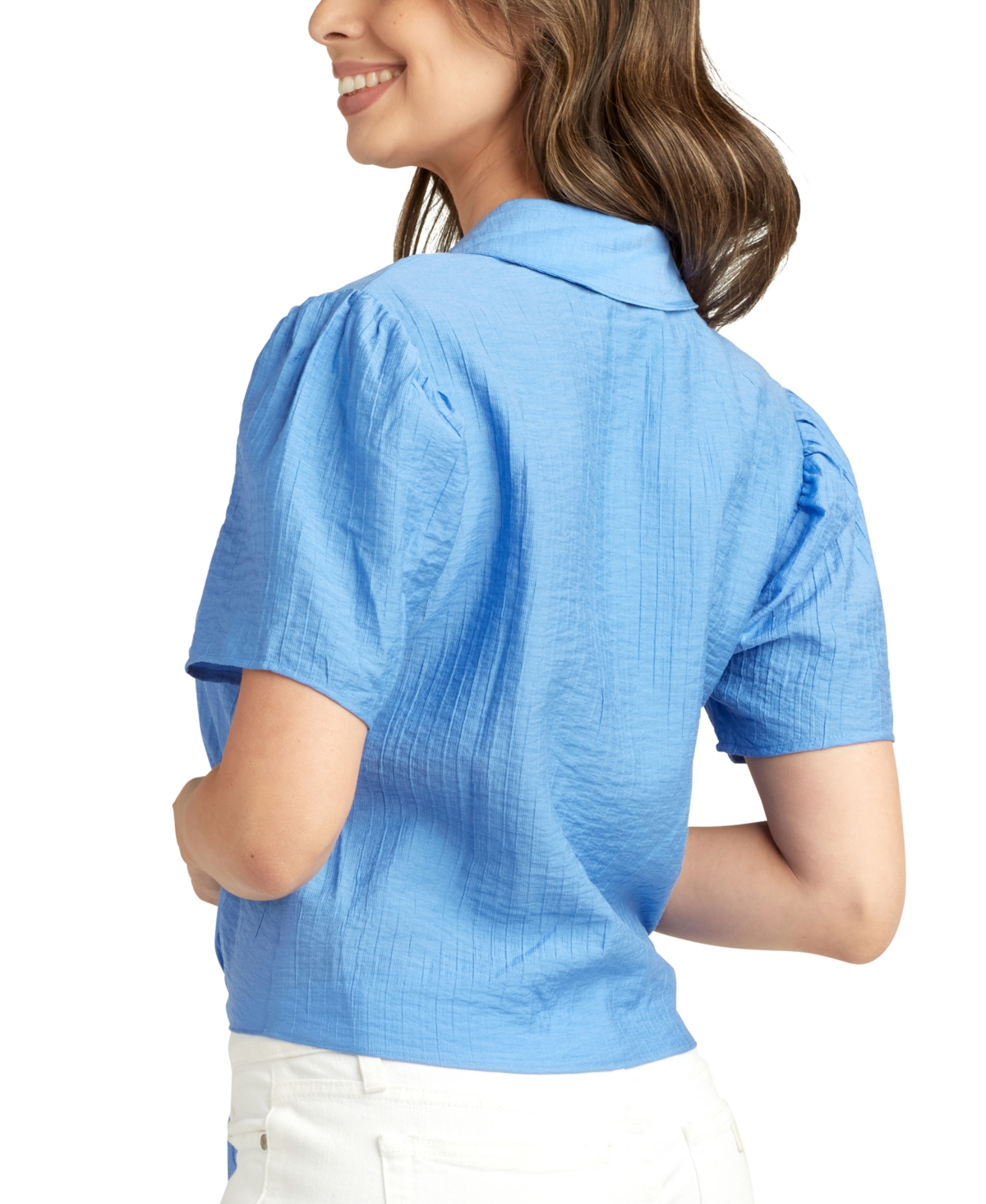 Bcx Juniors' Textured Puff-sleeve Tie-front Shirt In Periwinkle