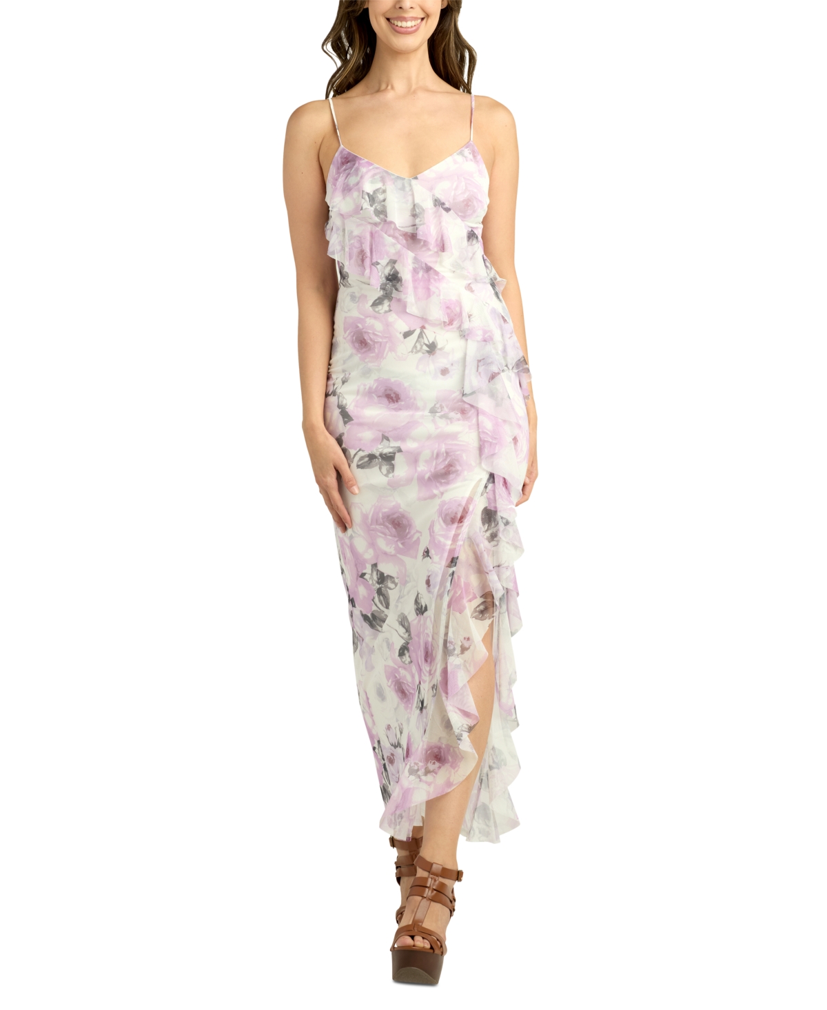 BCX JUNIORS' CASCADE RUFFLED SLEEVELESS FLORAL DRESS 