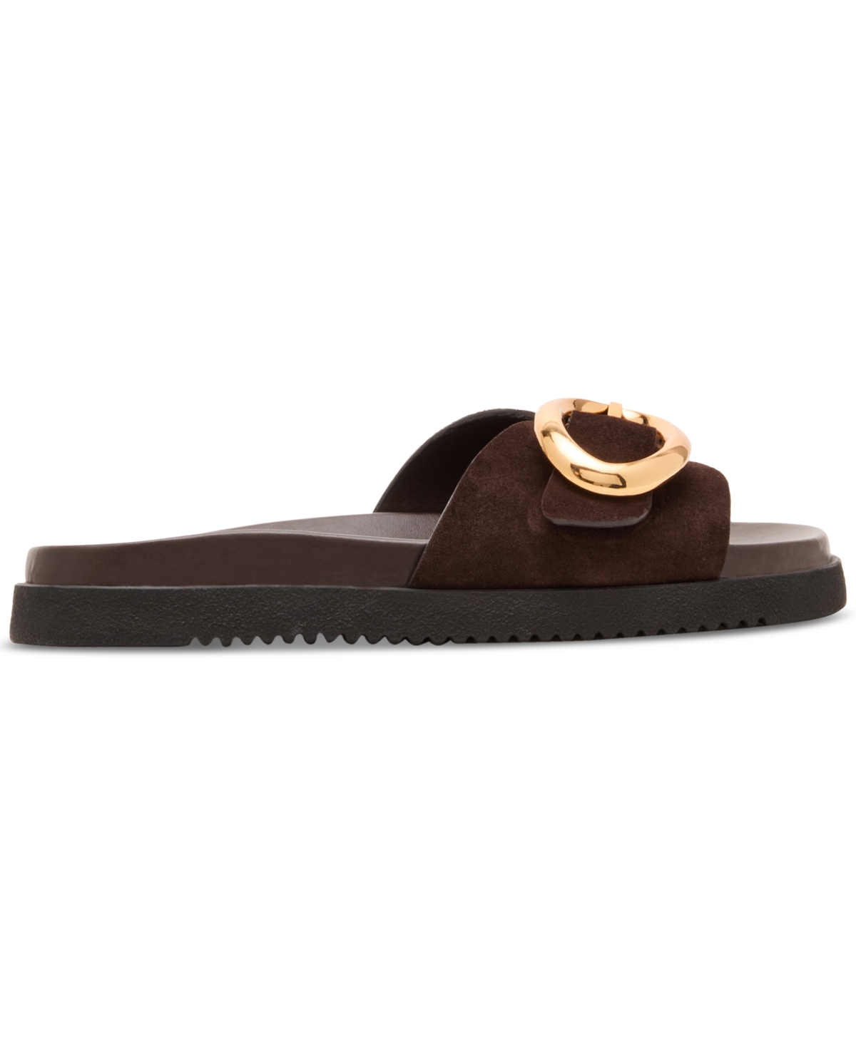 Shop Steve Madden Women's Mandie Buckle Slide Footbed Sandals In Dark Brown Suede
