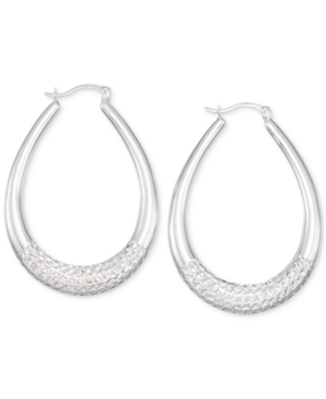 image of Large Patterned Teardrop Shape Hoop Earrings in 14K White Gold Over Sterling Silver