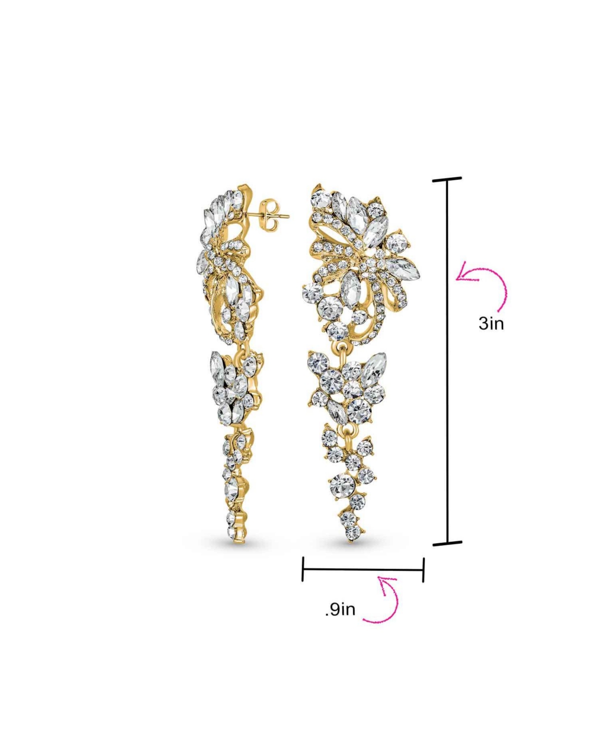 Bling Jewelry Dangling Holiday Party Waterfall Long Flower Bow Crystal Prom Pageant Chandelier Statement Earrings Pink Rose Gold Or Silver Plated