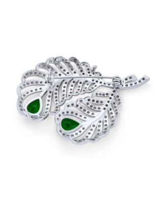 Classic Brooch Pin with CZ Peacock Feather and Green CZ Teardrop Shape