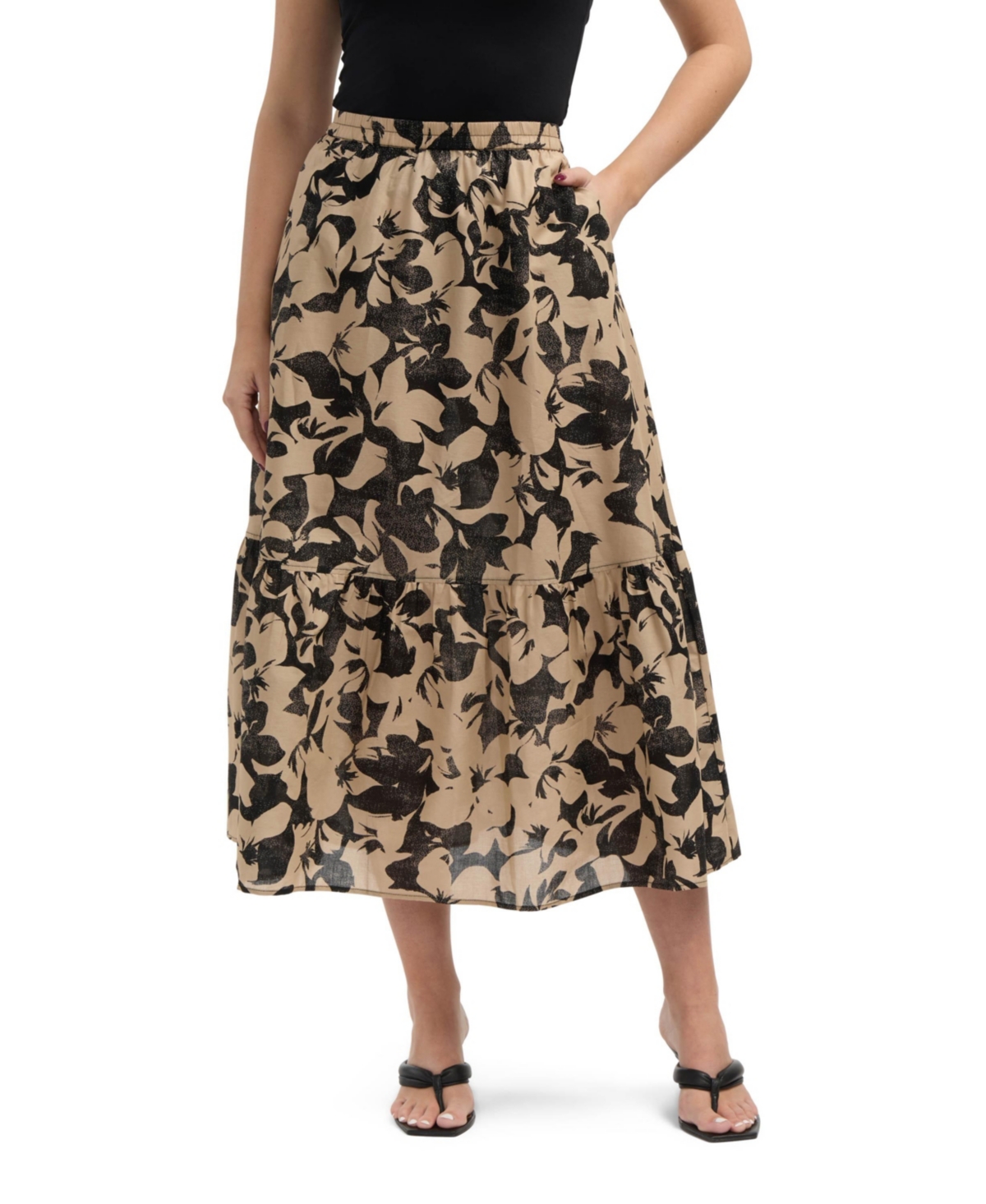 Women s Tiered Flowy Midi Skirt - Sand camo floral