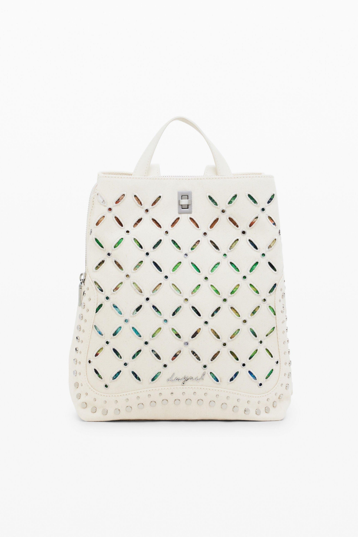 Women's Medium backpack with perforations and studs - Beige