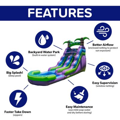 HeroKiddo 16  Purple Tropical Inflatable Water Slide with Attached Pool (No Blower Included), Commercial Grade, Wet Dry Use