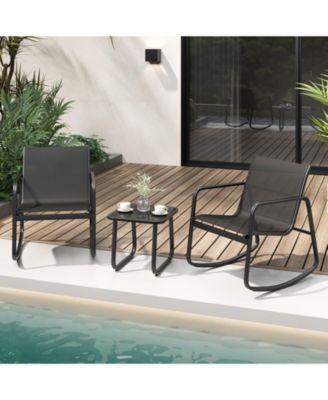2 Rocking Bistro Chairs with Glass-Top Table Cozy Outdoor Patio Set for Porch, Yard, or Balcony