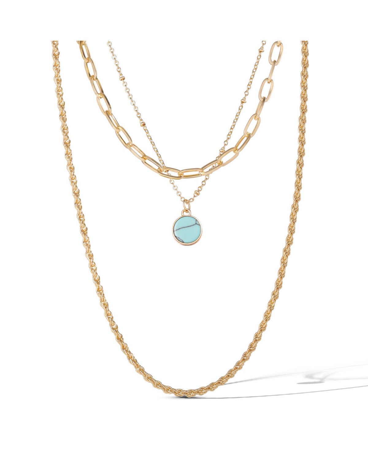 Layered Chain Necklace with Turquoise Pendant - Gold tone, blue