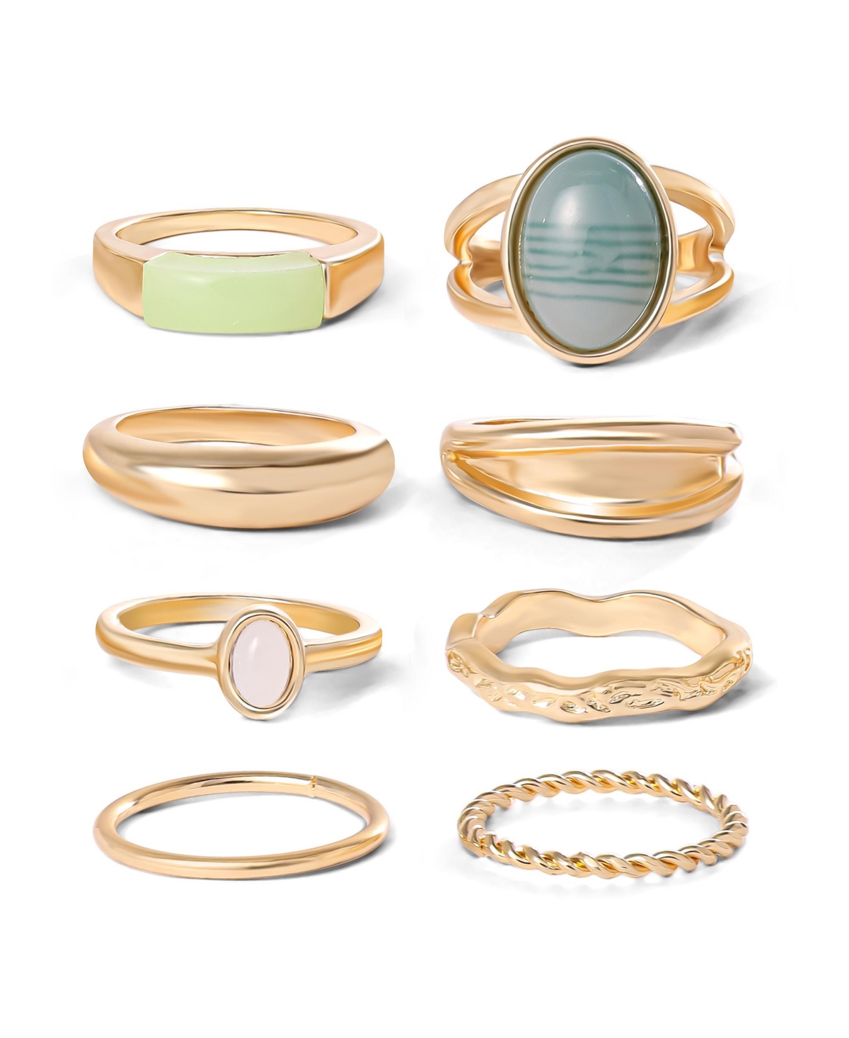 Gold-Tone 8-Piece Stacking Ring Set with Green Stone Accents - Size 7 - Gold tone, green