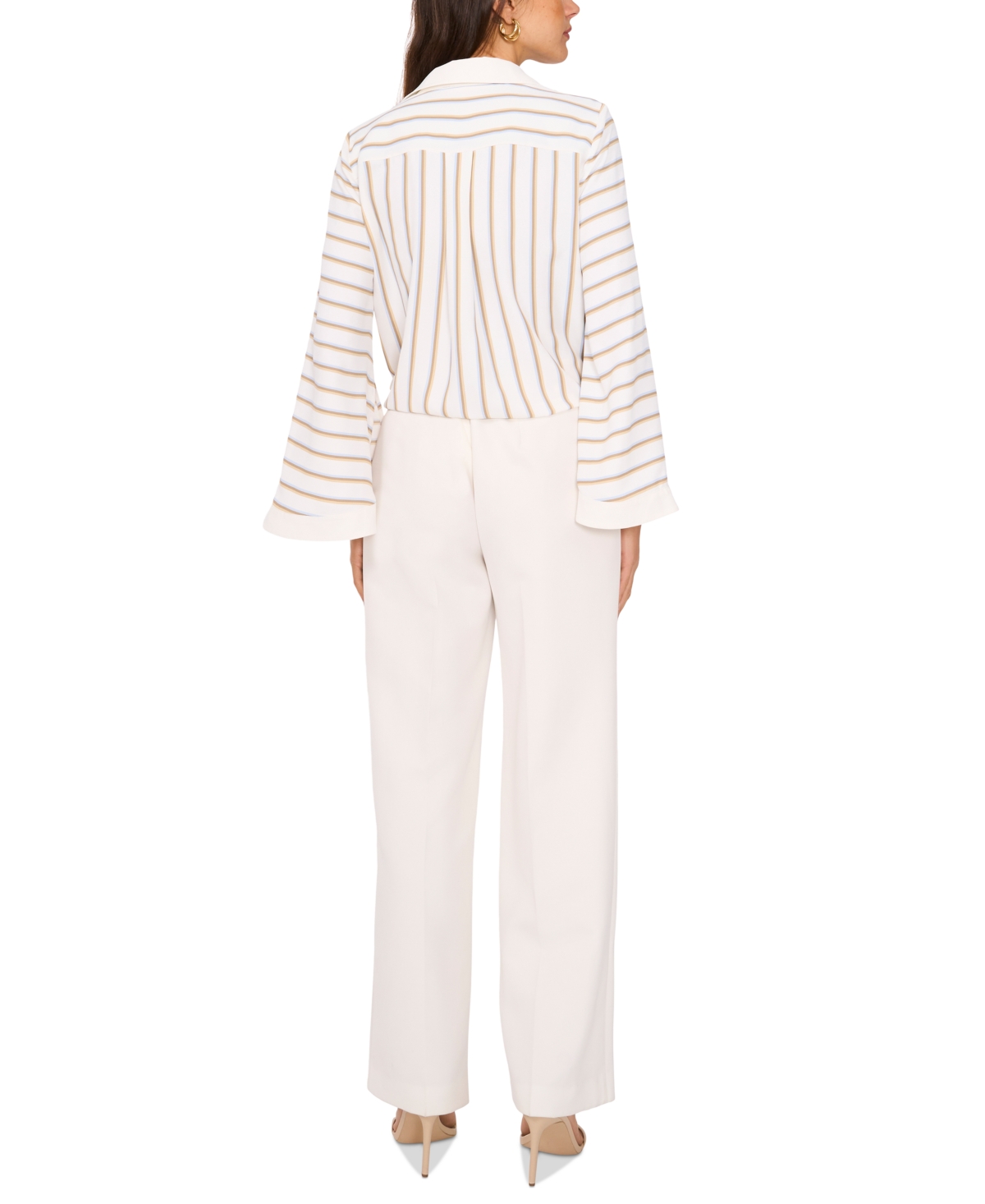 VINCE CAMUTO WOMEN'S STRIPED TIE-HEM WIDE-SLEEVE BUTTON-FRONT TOP 