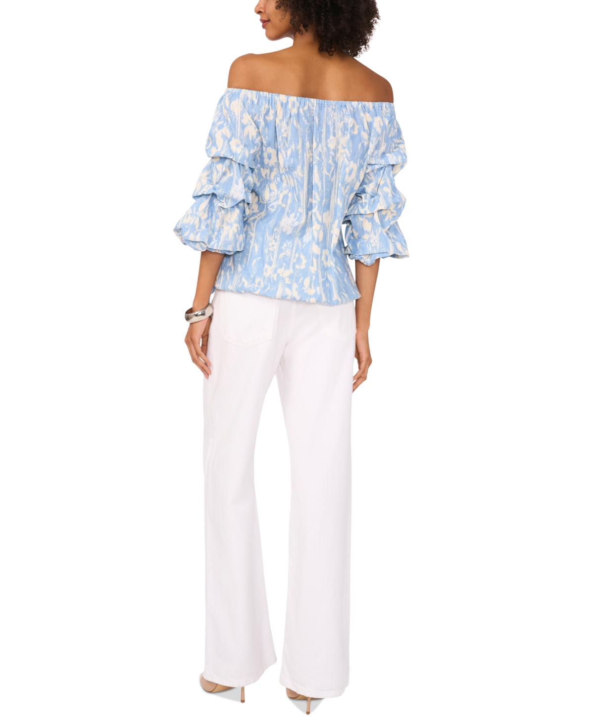 Vince Camuto Women's Printed Linen-blend Off-the-shoulder Bubble 3/4-sleeve Tie-front Blouse In Blue