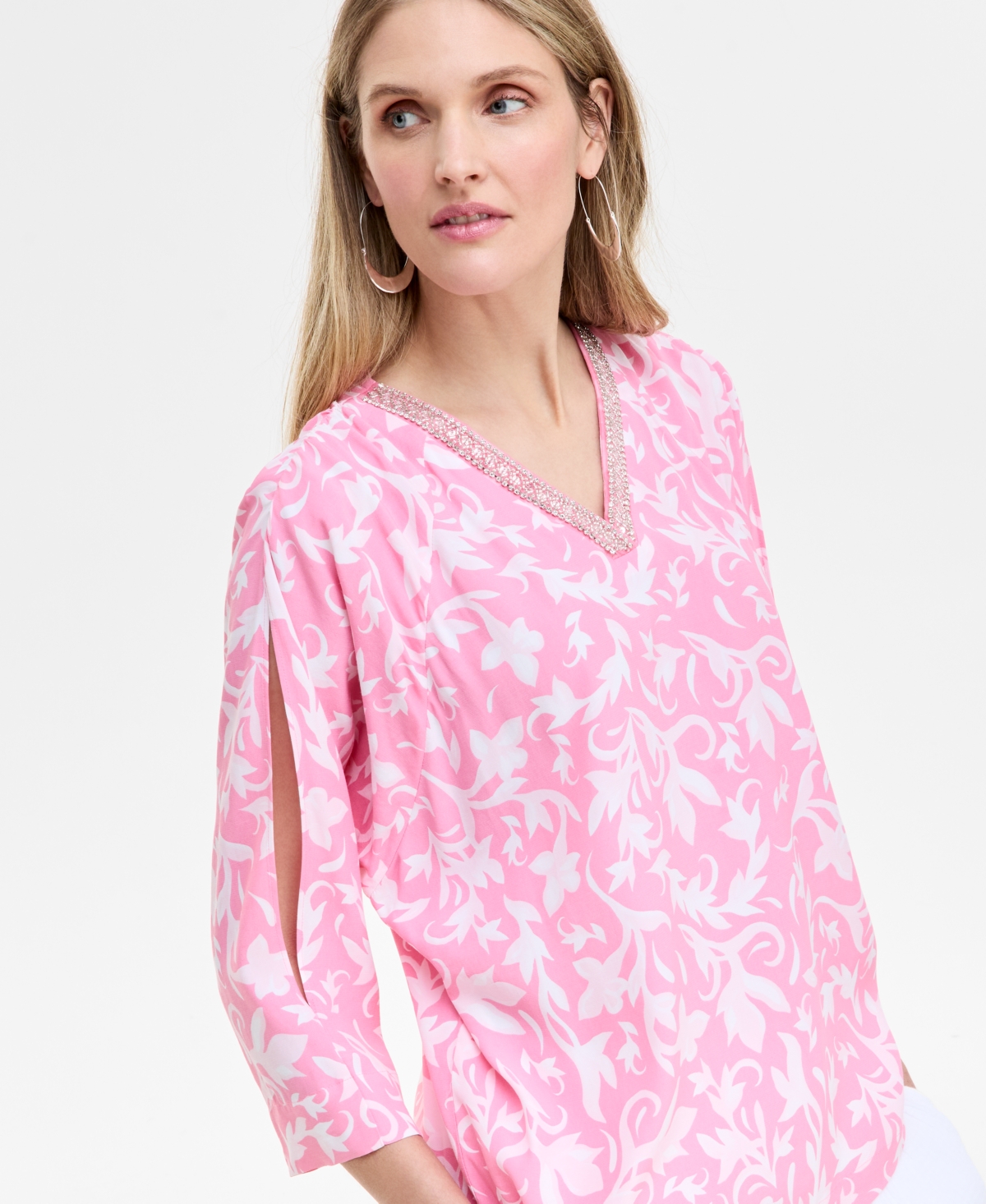 Shop Jm Collection Women's Printed Embellished Top, Exclusively At Macy's In Pink Petunia