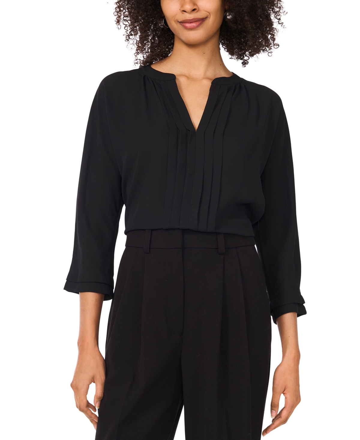 VINCE CAMUTO WOMEN'S V-NECK PLEATED-FRONT-PANEL 3/4-SLEEVE TOP 