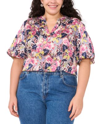 Vince Camuto - Plus Size Floral-Print Tie-Neck Puff-Sleeve Top