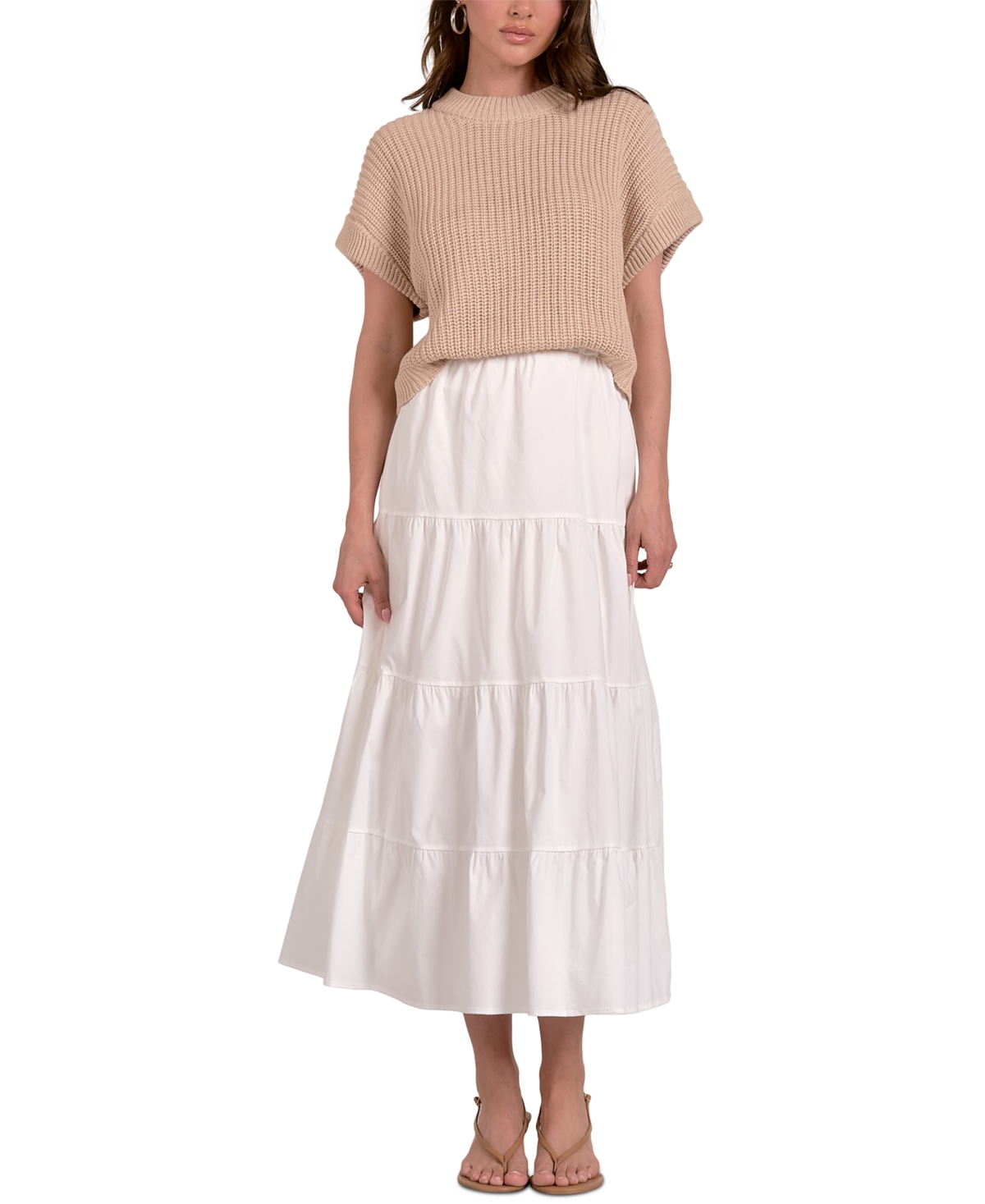 Women's Sweater Combo Tiered A-Line Dress - White Beige