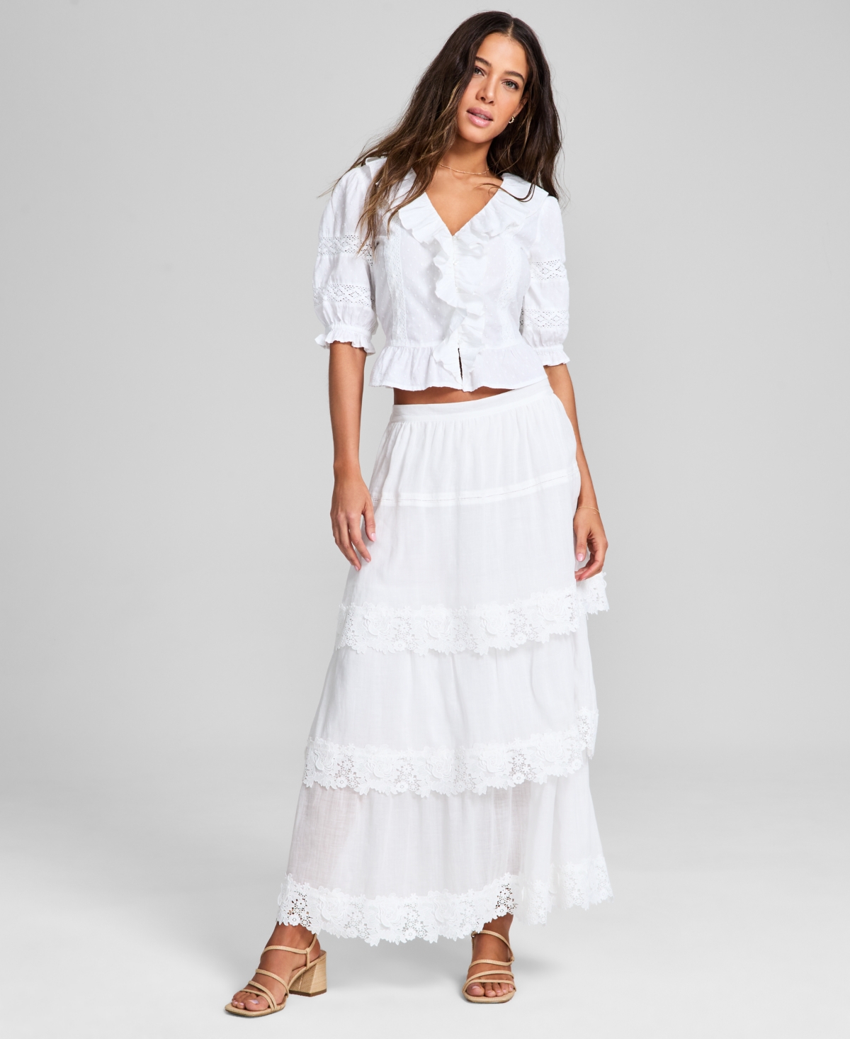 Women's Lace-Trim Tiered Maxi Skirt, Exclusively at Macy's - White