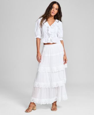 ★NOFFICIALNOFFICE★LACE TRIMMED THREE TIER SKIRT★正規品 Pull-On Tiered Lace Trim Maxi Skirt