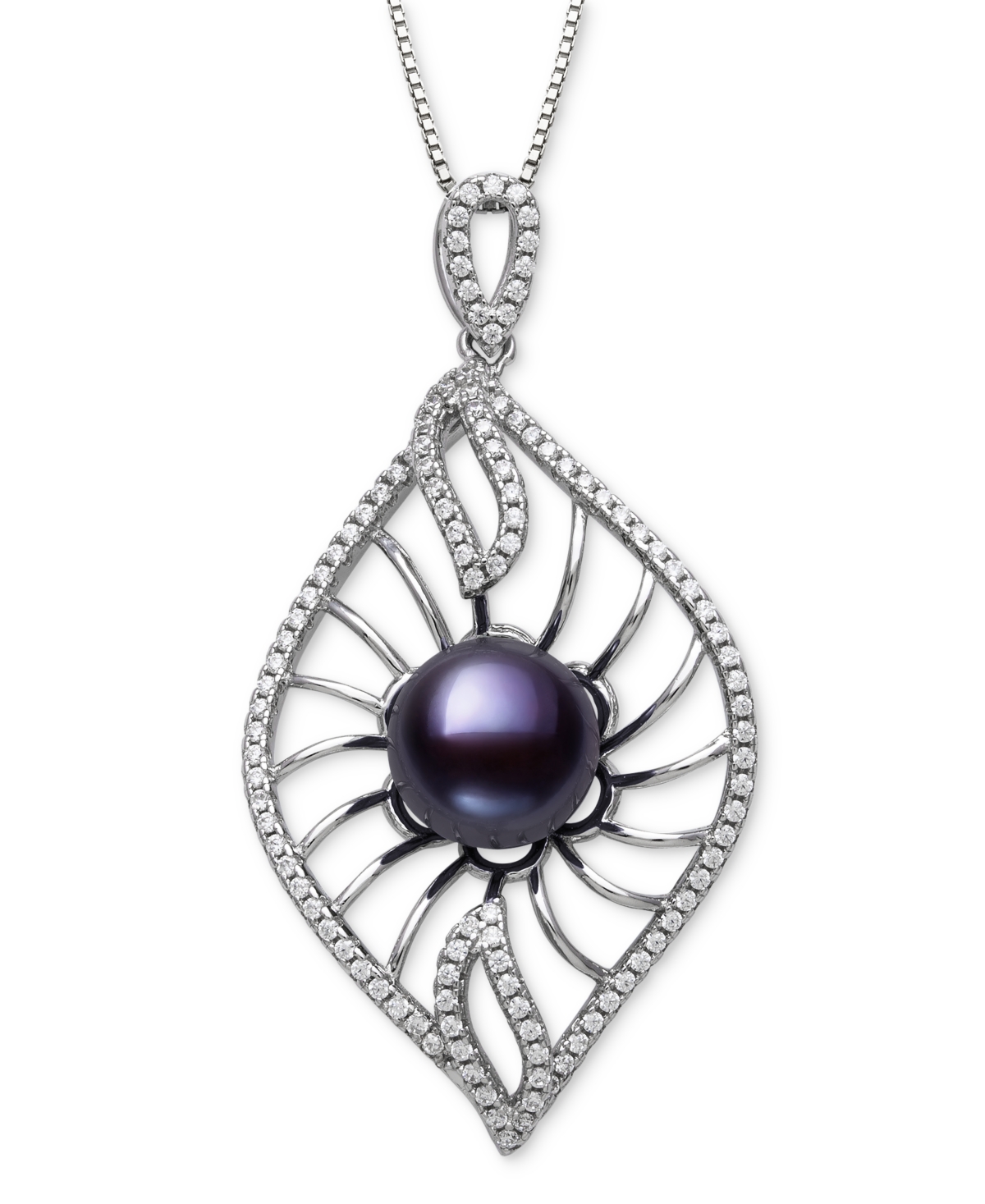 Dyed Black Peacock Cultured Freshwater Pearl (10-11mm) & Lab Created White Sapphire (1 ct. t.w.) Pendant 18" Necklace in Sterling Silver