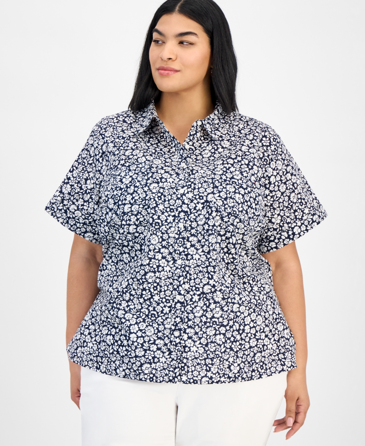 Tommy Hilfiger Plus Size Cotton Patchwork-print Camp Shirt In Blue