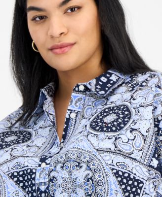 売れ筋商品|||トミー ヒルフィガー カットソー トップス レディース Plus Size Cotton Patchwork-Print Camp Shirt French Blue Multi Tommy Hilfiger Plus Size Cotton Patchwork-Print Camp Shirt