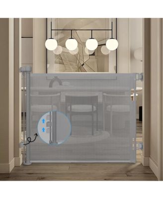 Retractable Baby Gate Gray for Stair and Doorway, 33" Tall Extends up to 55" Easy-to-Install Gray Retractable Mesh Baby Gate, Hardware Mounting Kit