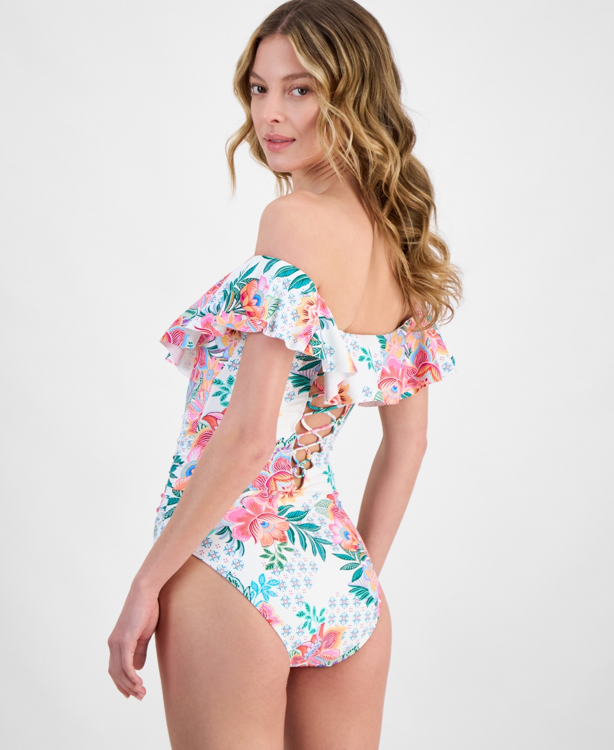 Shop La Blanca Women's Riveria Resort Printed Off The Shoulder One-piece Swimsuit, Exclusively At Macy's In White