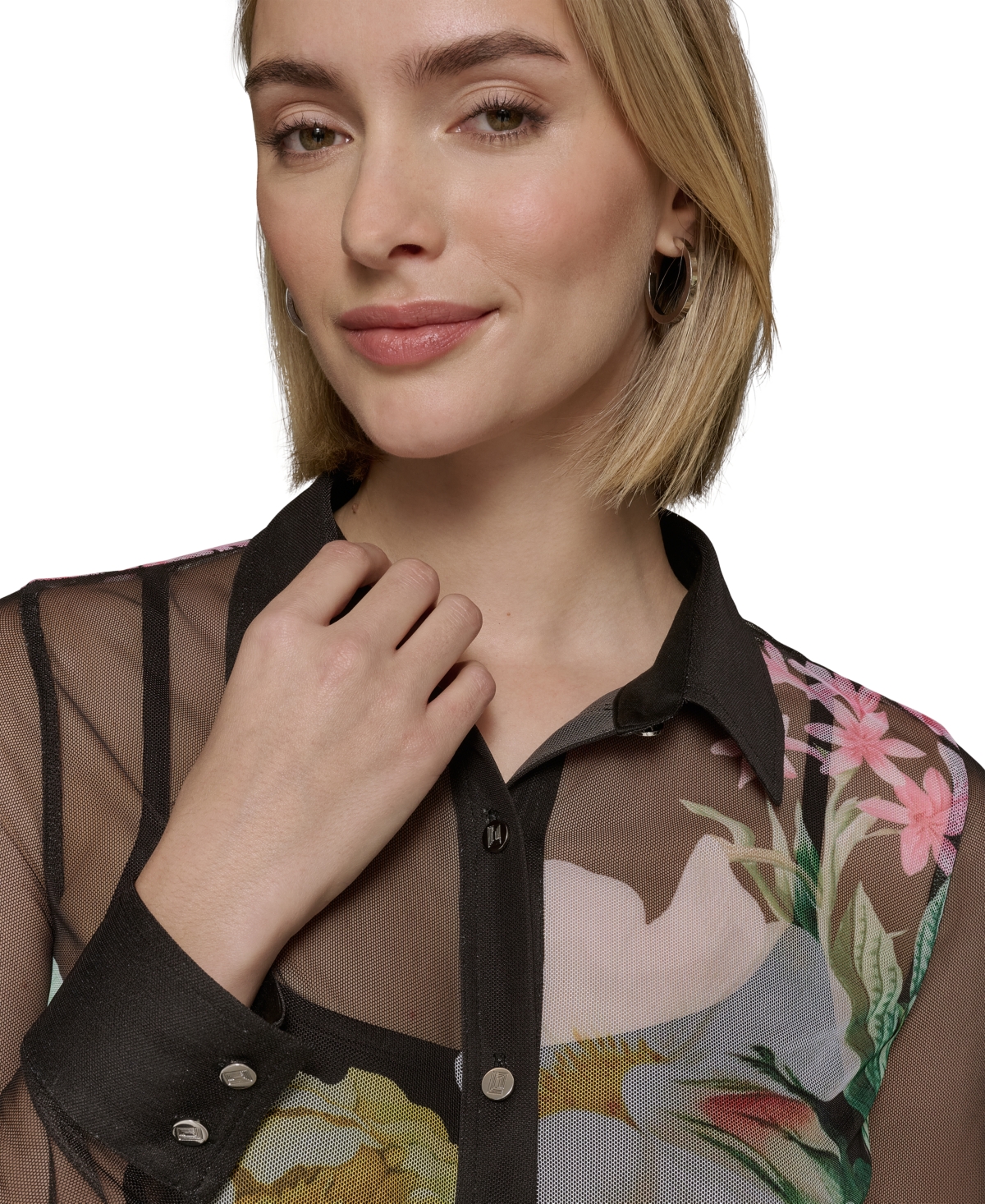 Shop Karl Lagerfeld Women's Sheer Floral Knit Button-front Top In Black