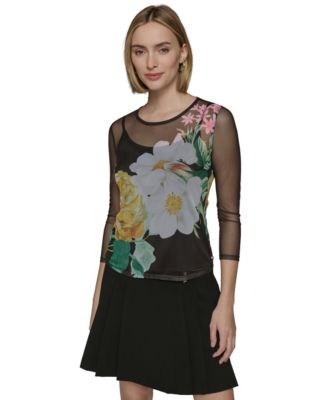 KARL LAGERFELD PARIS - Women's Sheer Floral 3/4-Sleeve Top