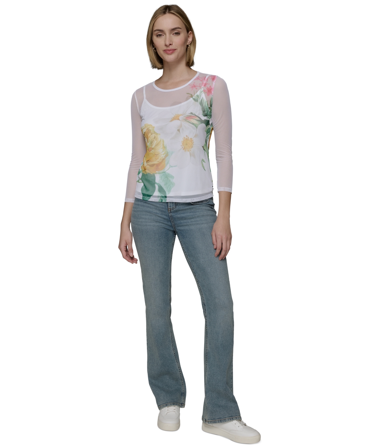 Shop Karl Lagerfeld Women's Sheer Floral 3/4-sleeve Top In Soft White