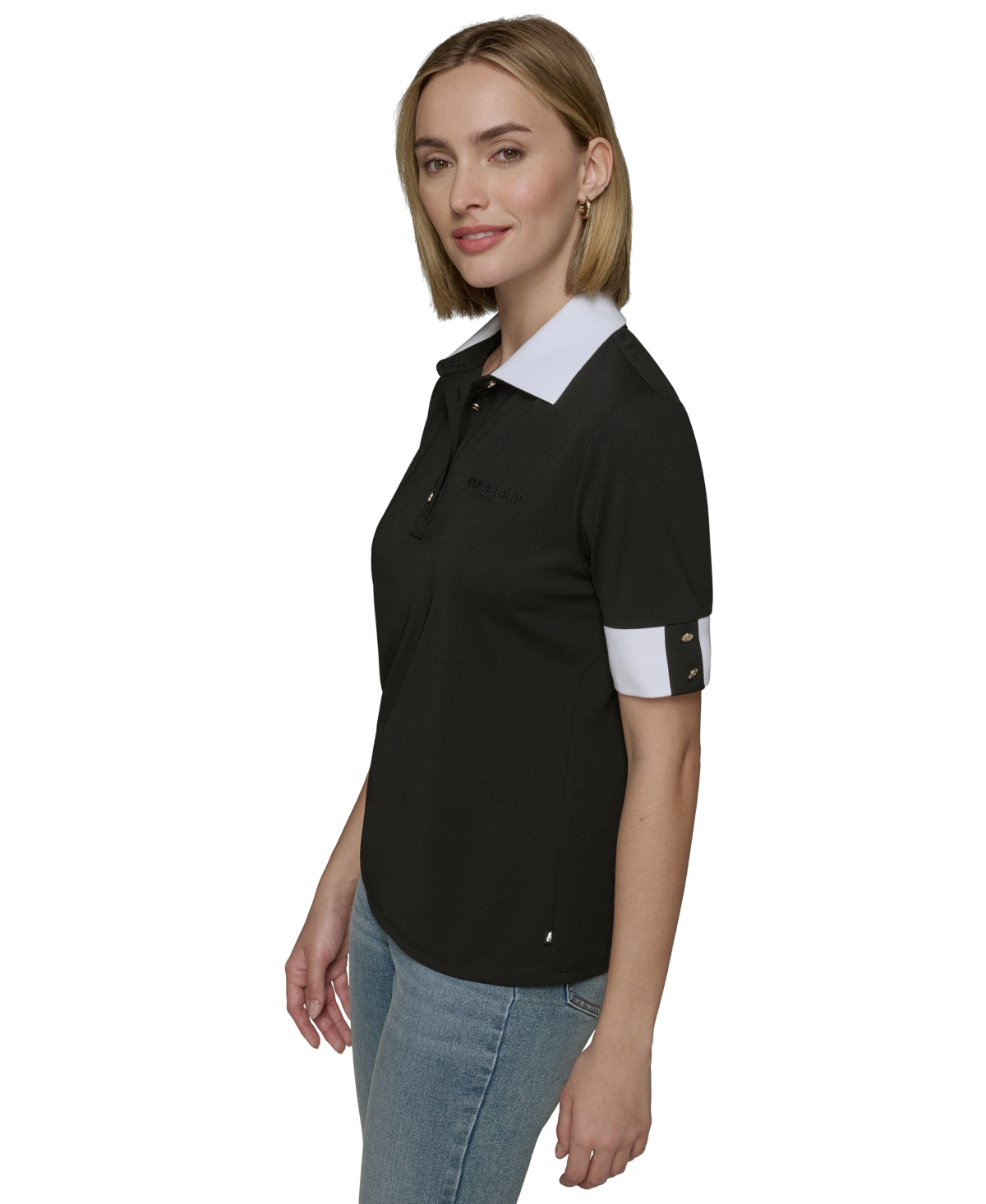 Shop Karl Lagerfeld Women's Contrast-cuff Polo Top In Black