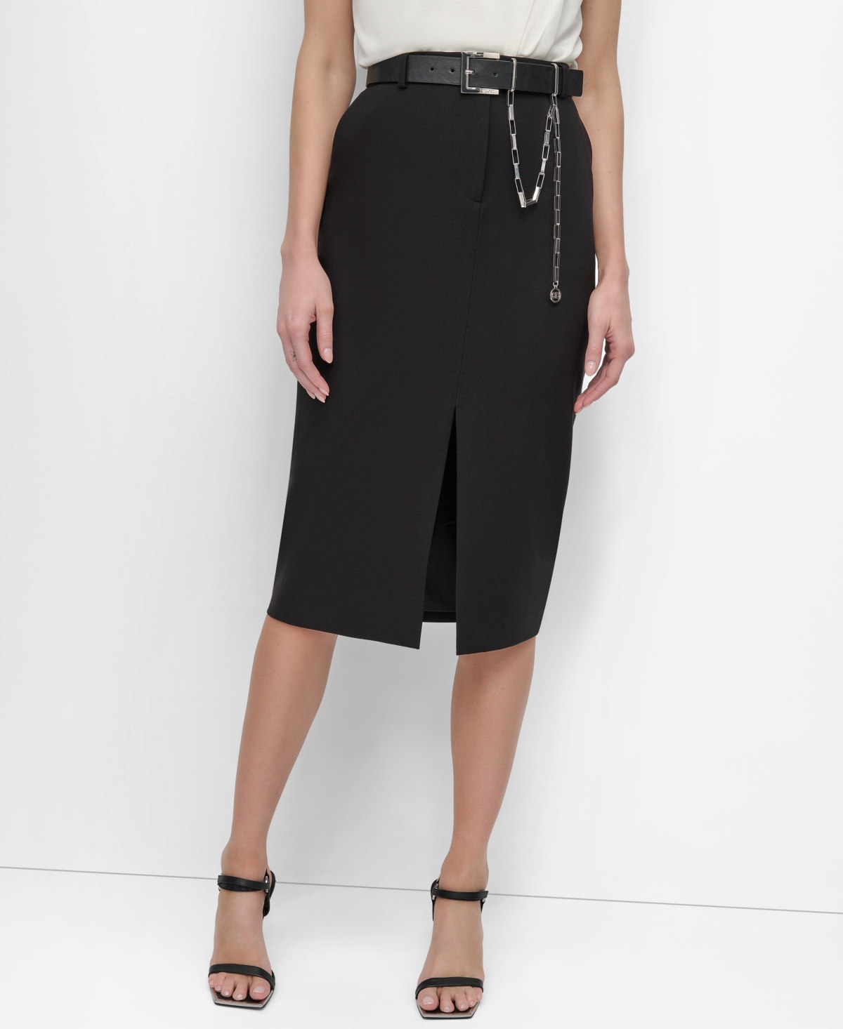 Women's Belted Chain-Trim Front-Slit Pencil Skirt - Black