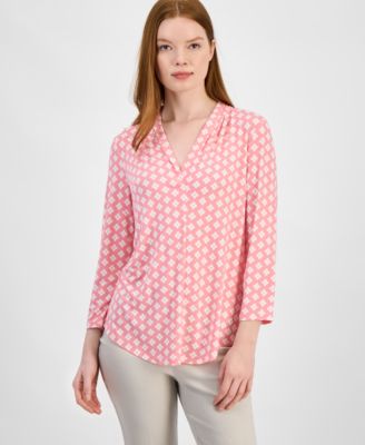 Women's Print & Solid 3/4 Sleeve V-Neck Knit Top, Created for Macy's