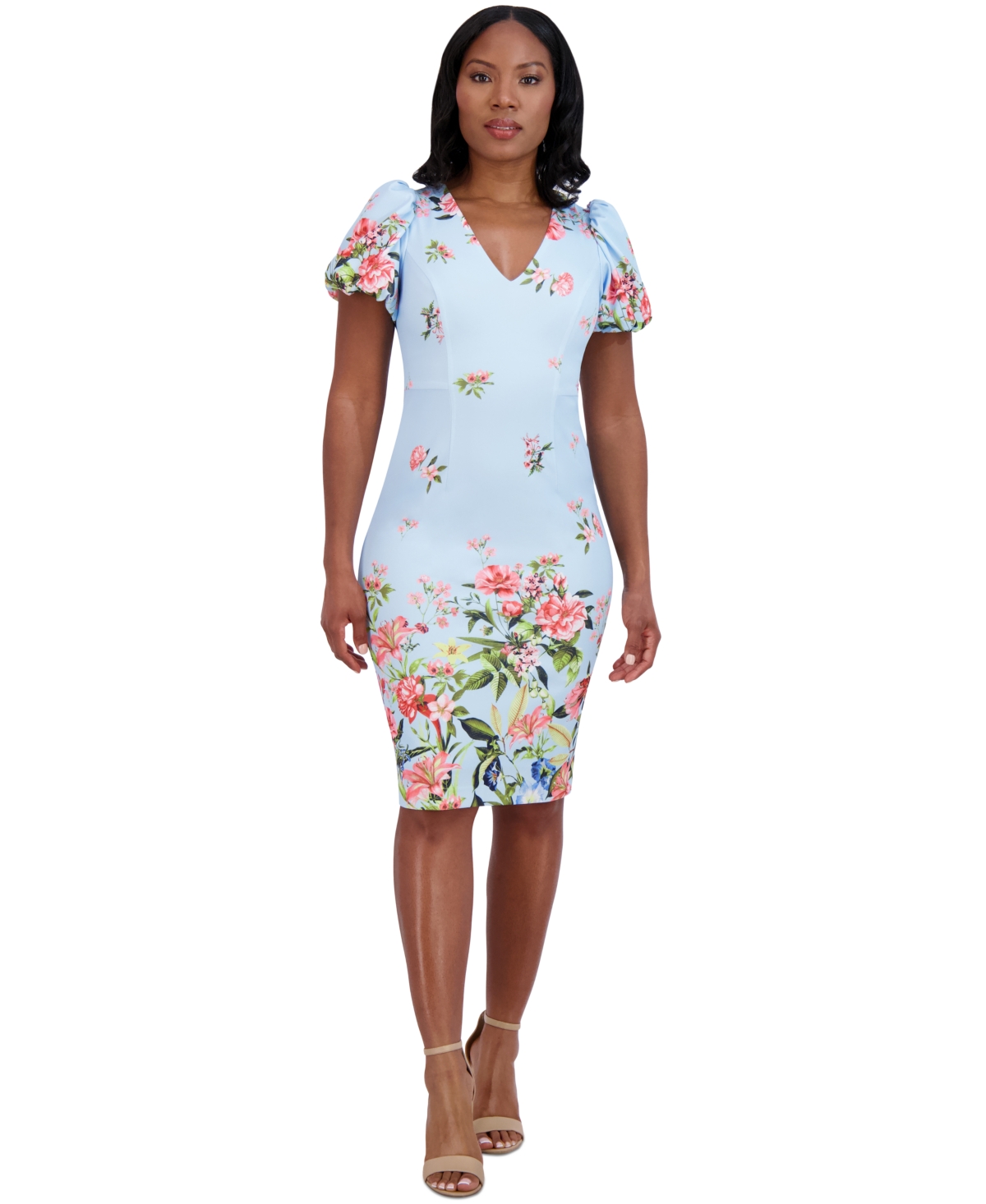 Shop Eliza J Women's Printed V-neck Bubble-sleeve Sheath Dress In Light Blue