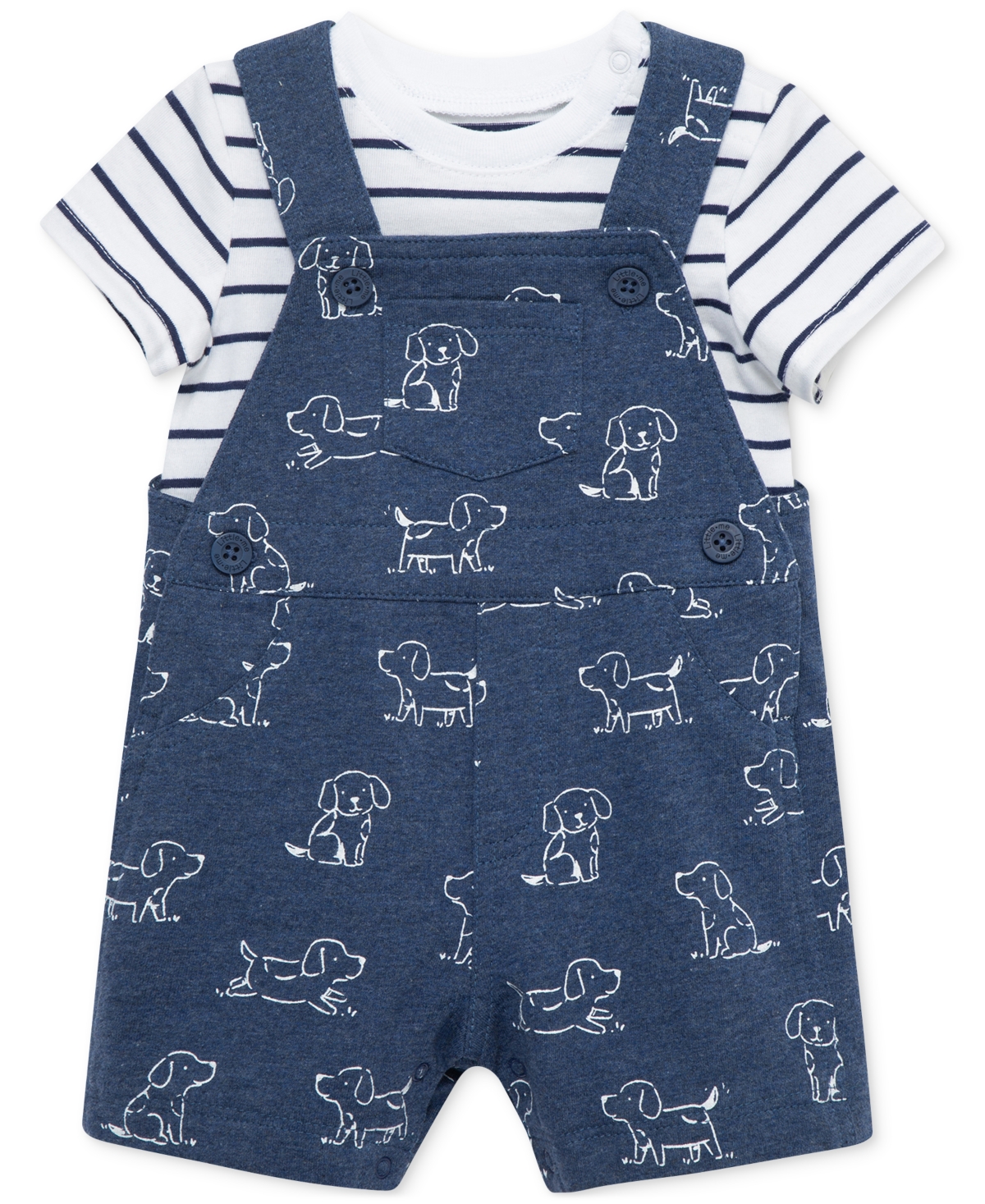Shop Little Me Baby Boys Cotton Striped T-shirt & Puppy Shortall, 2 Piece Set In White,blue