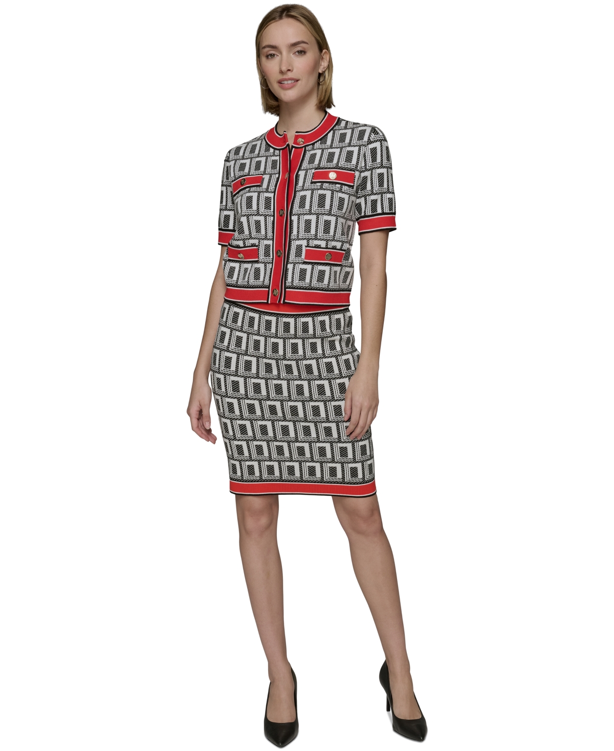 Karl Lagerfeld Karl Largerfeld Paris Women's Geo-print Knit Pencil Skirt In Black,soft White,red Apple