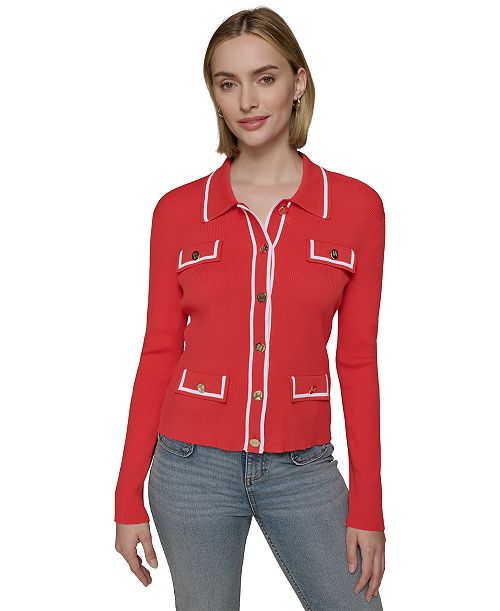 alfani KARL LAGERFELD PARIS Women's Contrast-Trim Four-Pocket Cardigan Women's Fashion Shoes & Accessories